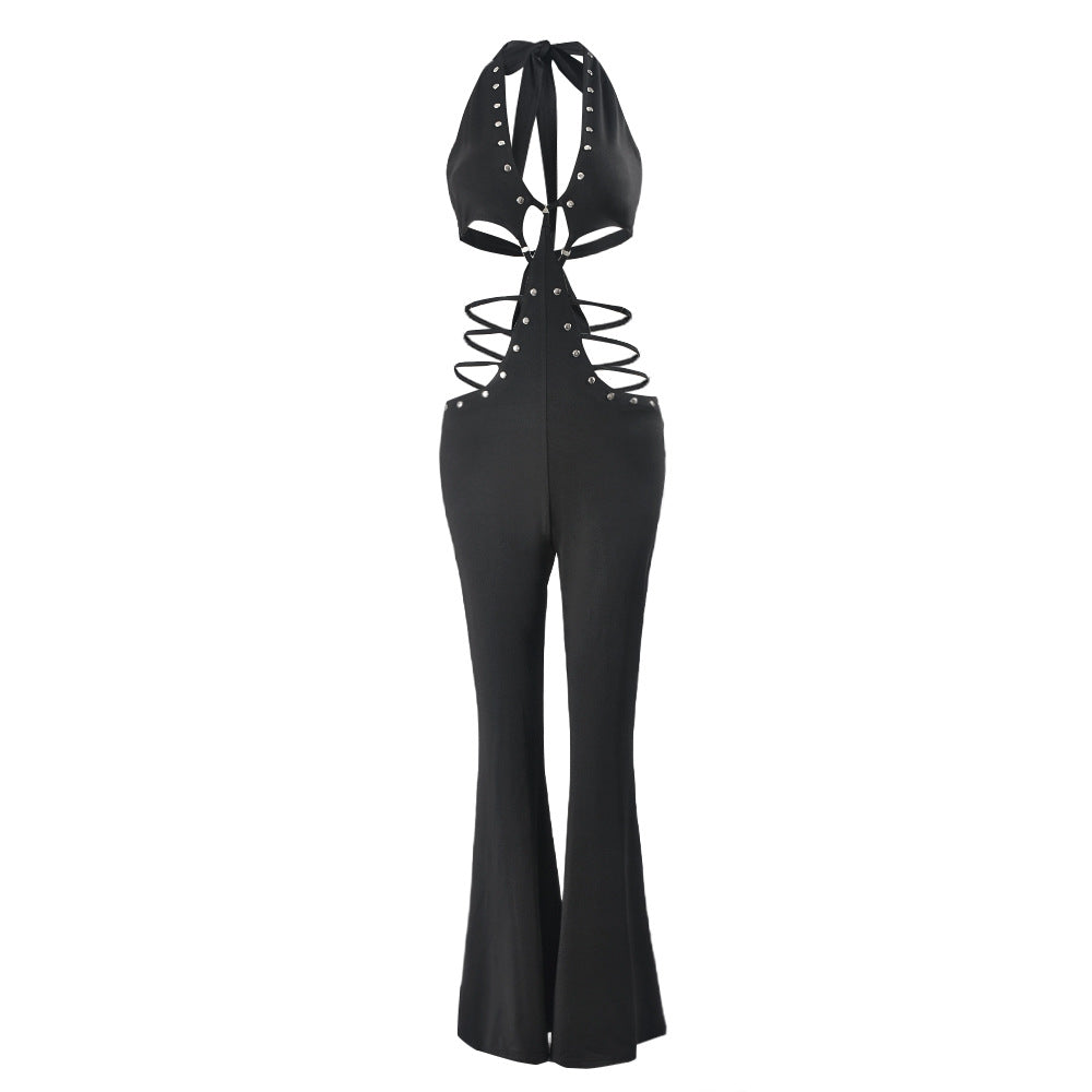 Beliebter ärmelloser Sommer-Jumpsuit für Damen mit Schnürung hinten, rückenfrei und leicht ausgestelltem weitem Bein