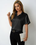 Solid Color Satin Women Clothing with Shoulder Stand Collar Short Sleeve Shirt Satin Shirt