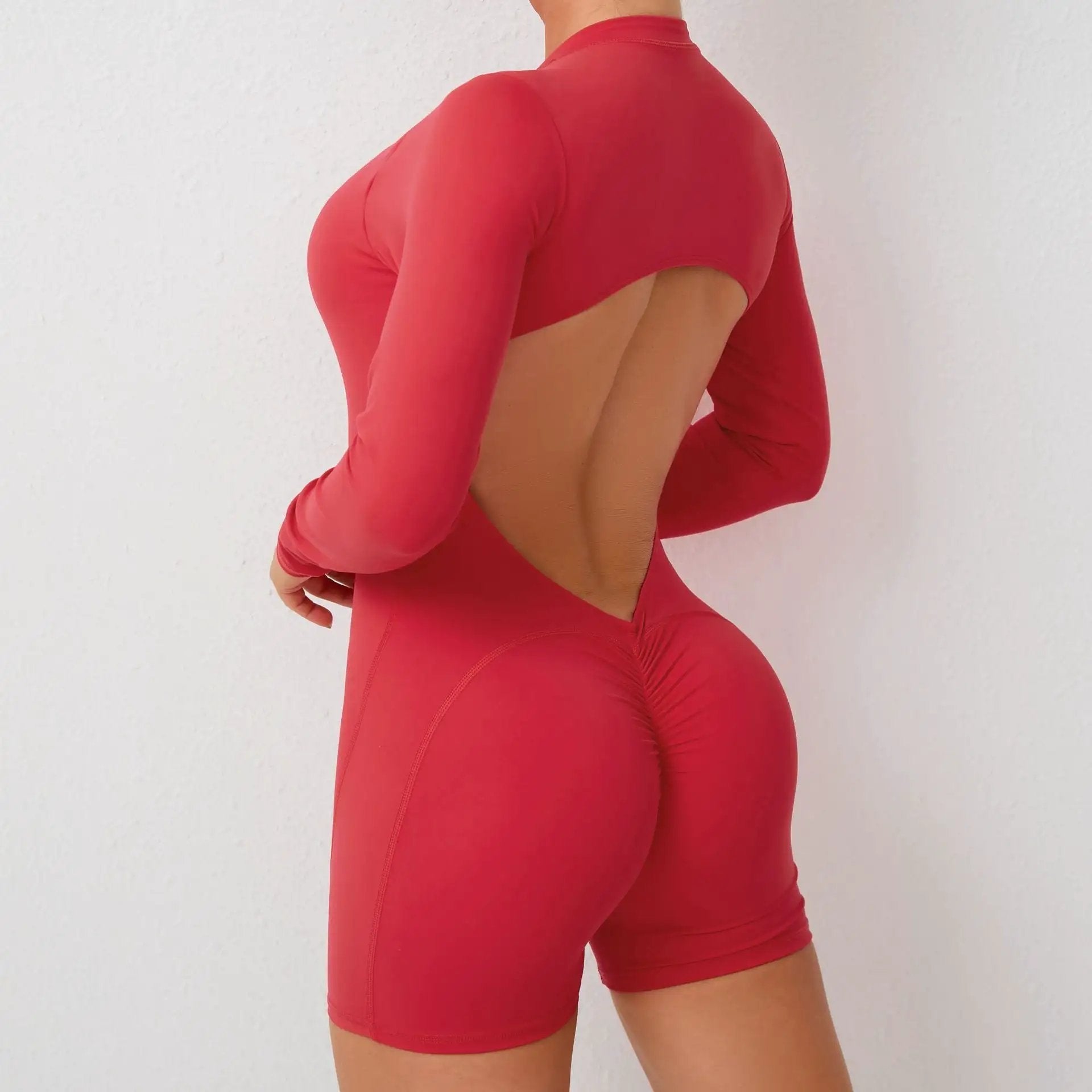 Hollow Out Cutout Beauty Back Half Open Zipper One Piece Peach Hip Sports Fitness Bare Back Quick Drying Yoga Jumpsuit by Wanita Store
