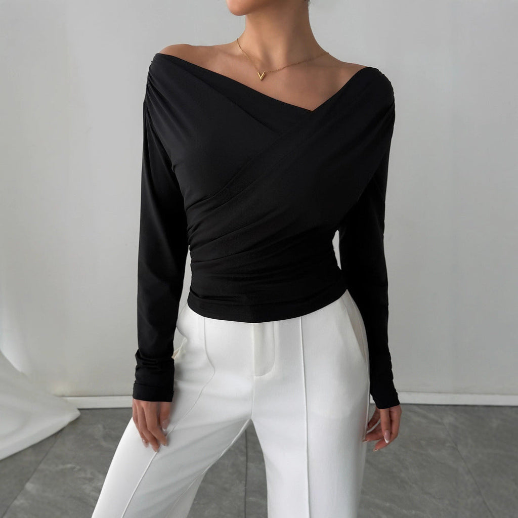 Herbst Winter Einfarbiger Schulterkragen Schulterfrei Slimming Langarm All-Match Office Oberteil