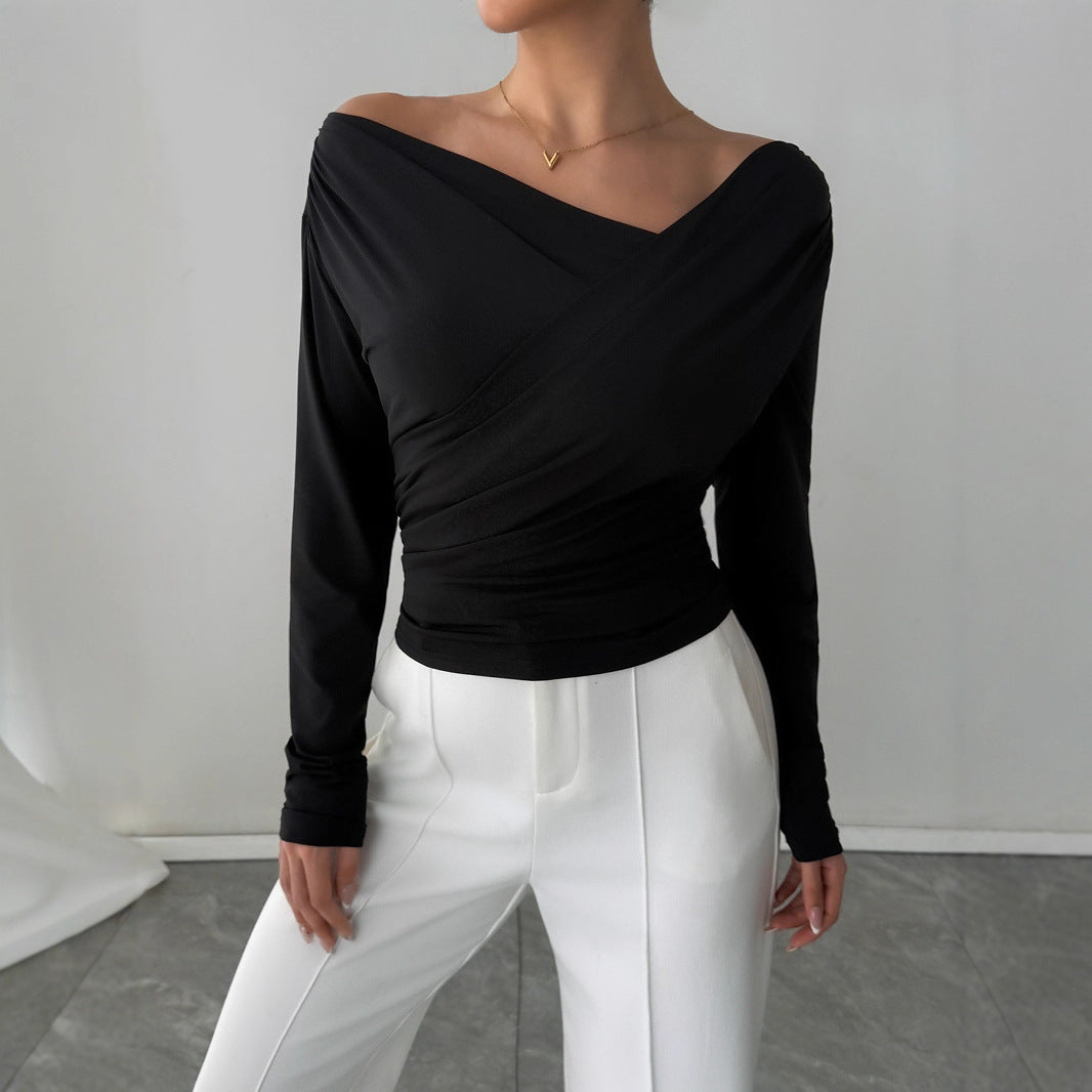 Herbst Winter Einfarbiger Schulterkragen Schulterfrei Slimming Langarm All-Match Office Oberteil
