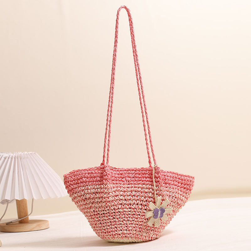 Frische Blumentasche aus Stroh Nischen-Strohtasche mit Farbverlauf Gewebte Tasche Urlaub Strandtasche Umhängetasche