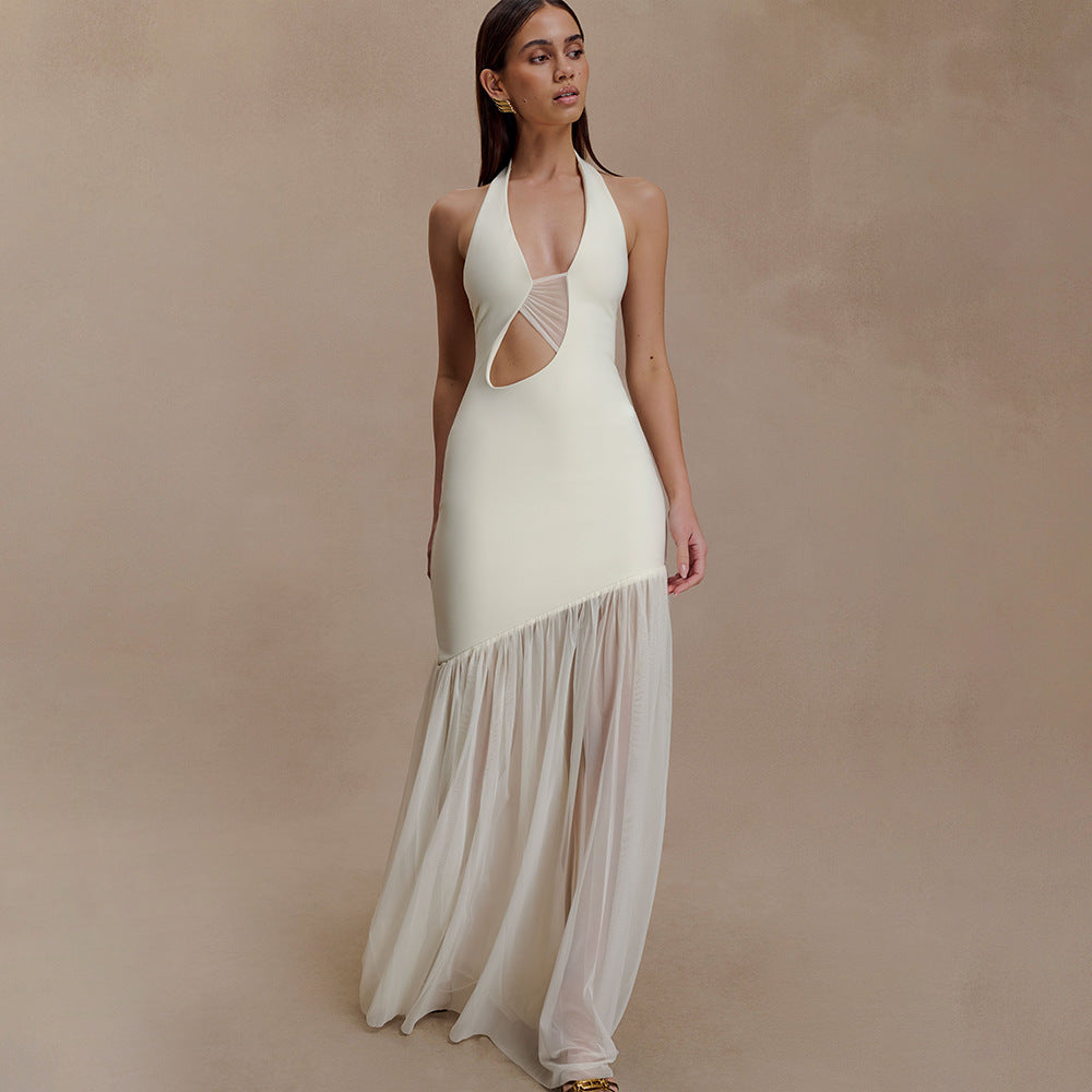 Women Dress Elegant Halter Sexy Cutout Pleated Backless Sheath Dress
