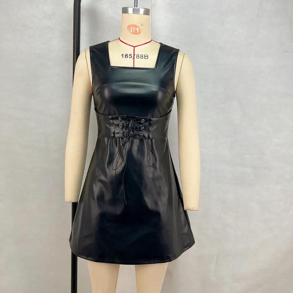 Women Clothing Faux Leather Waist Square Collar Solid Color Lace up Slimming Sleeveless Mini Dress by Wanita Store