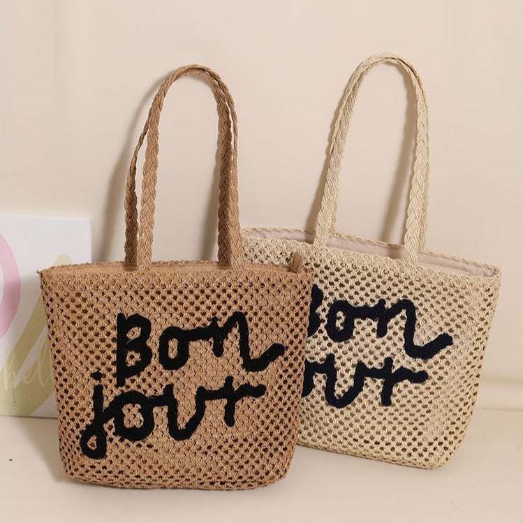 Brief-Grafik Stickerei Gewebte Tasche All-Match Schulter Aushöhlen Cutout Strohtasche Urlaub Strandtasche Damen Tasche