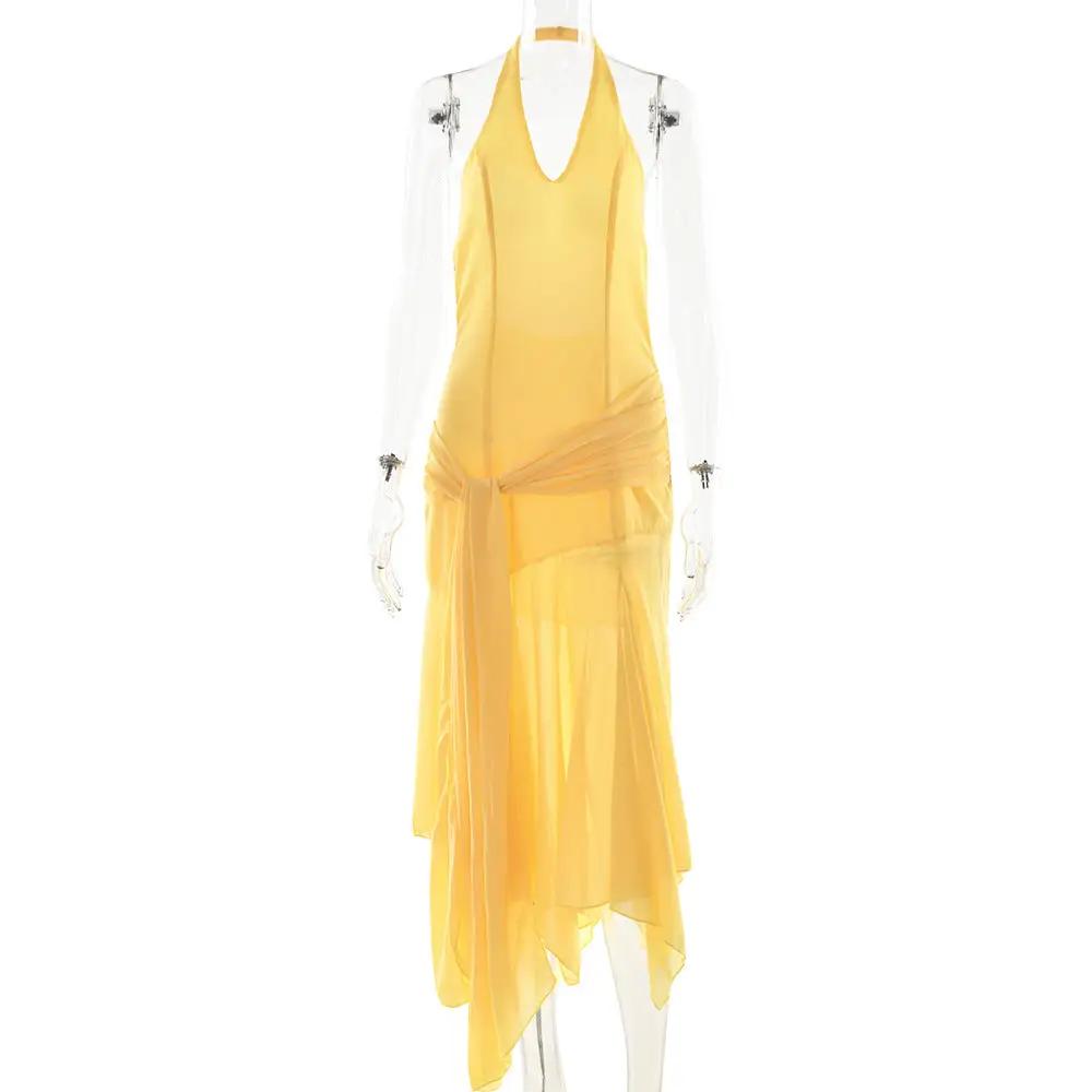 Summer Halter Chiffon See through Dress Sexy Deep V Plunge Ribbon Dress by Wanita Store