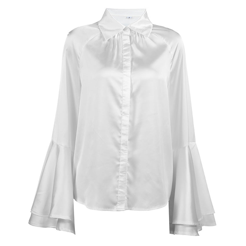 Spring Arrival Palace French Flared Sleeves Long Sleeves Satin Elegant White Office Shirt