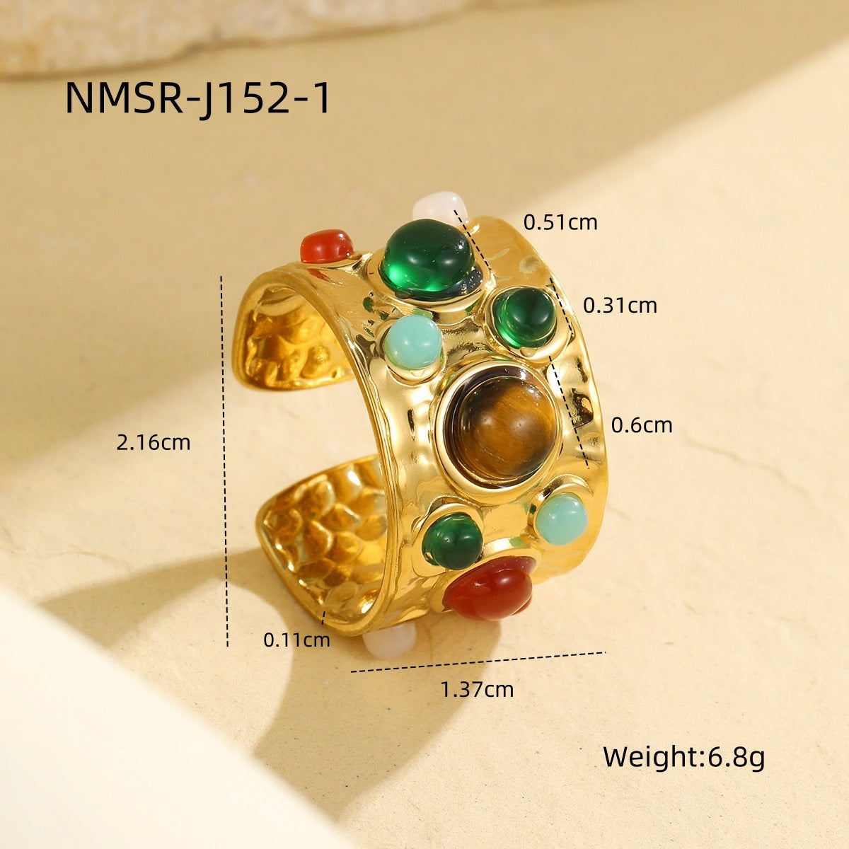 French Royal Multi Gem Open Ring Retro Mid Ancient Special Interest Design Stainless Steel Non Fading