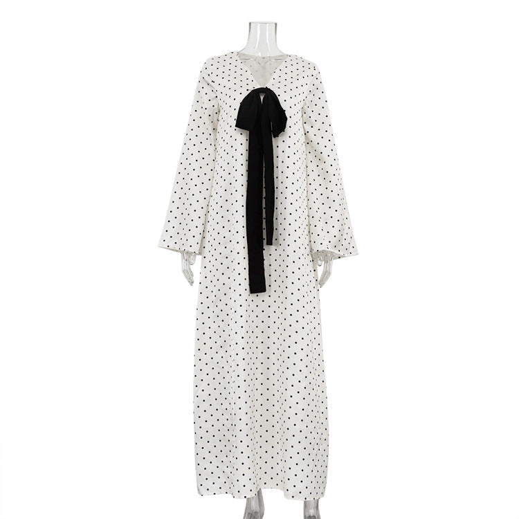 Design Schleife V-Ausschnitt Langarm Elegantes Kleid Damen Digitaldruck Polka Dot Maxikleid