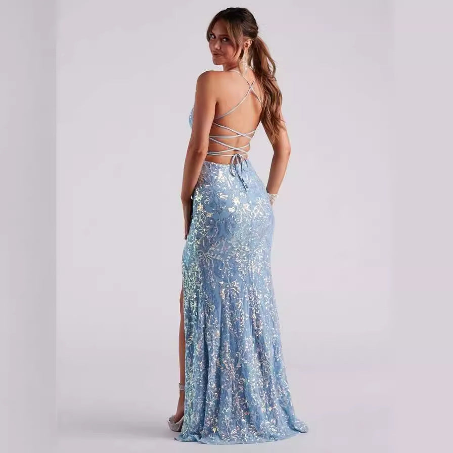 Elegantes, schulterfreies, paillettenbesetztes Abendkleid mit Schlitz (3 Farben)