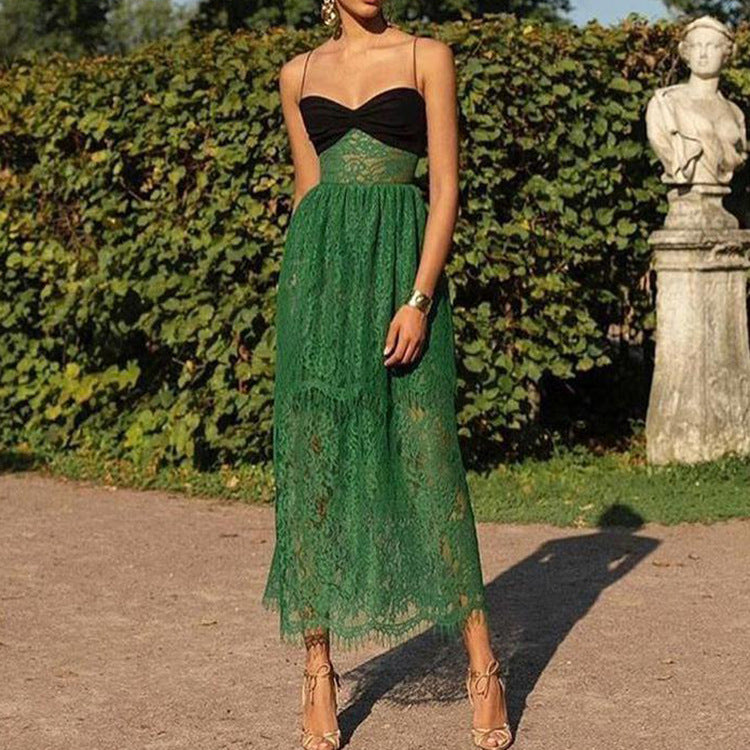 Damenbekleidung Sexy Hosenträger Spitze Grün Hohl Cut-Out Urlaub Bodenlanges Maxikleid