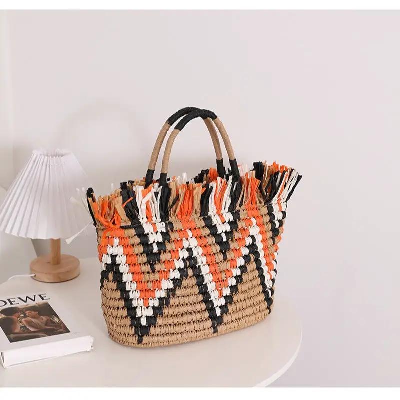 Color Matching Loose Edge Straw Bag Loose Edge Portable Color Matching Woven Bag Seaside Vacation Beach Bag Women Bag by Wanita Store