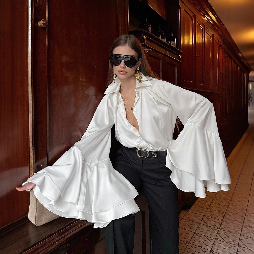 Spring Arrival Palace French Flared Sleeves Long Sleeves Satin Elegant White Office Shirt