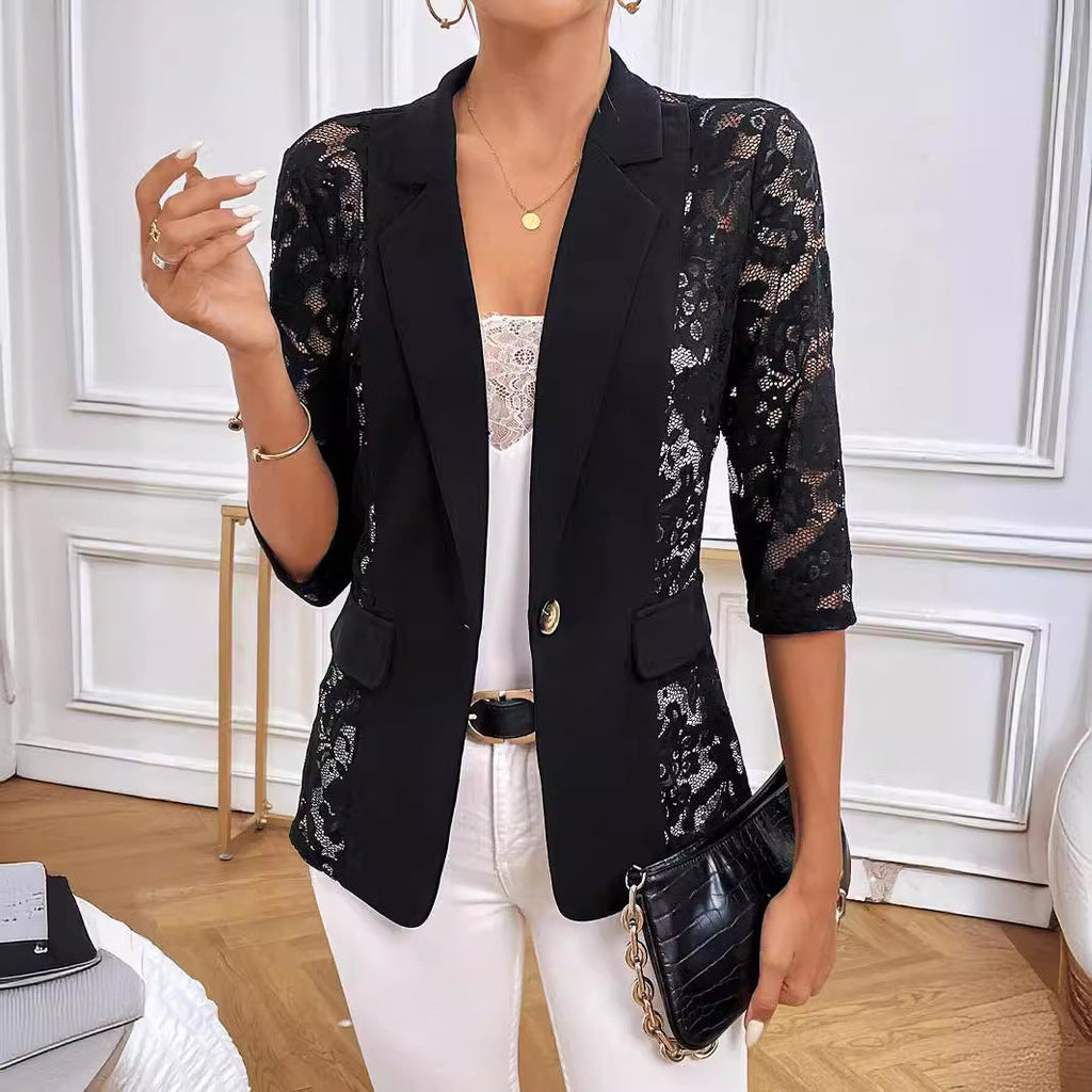 Herbst Winter Elegant Unifarben Spitze Patchwork Kleiner Blazer Damen Top