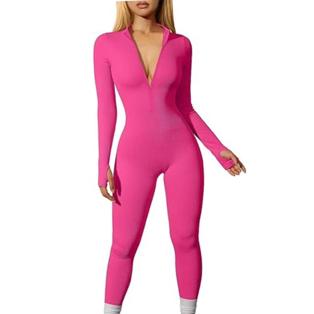 Damen Sport Jumpsuit Training Gerippt Langarm Reißverschluss Casual Jumpsuit Hose Eng