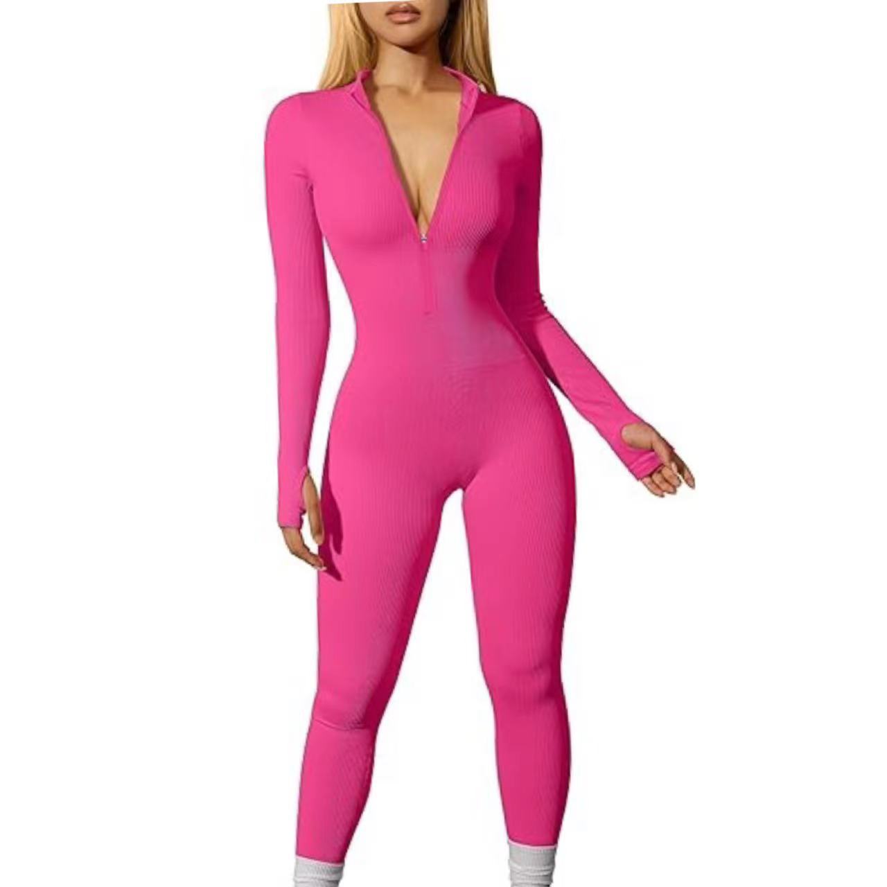 Damen Sport Jumpsuit Training Gerippt Langarm Reißverschluss Casual Jumpsuit Hose Eng