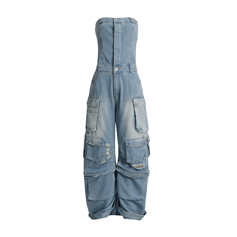 Sommer Multi-Taschen Zerrissen Taille Schlankmachend Sexy Bandeau-Top Overall Aus Jeans Für Damen