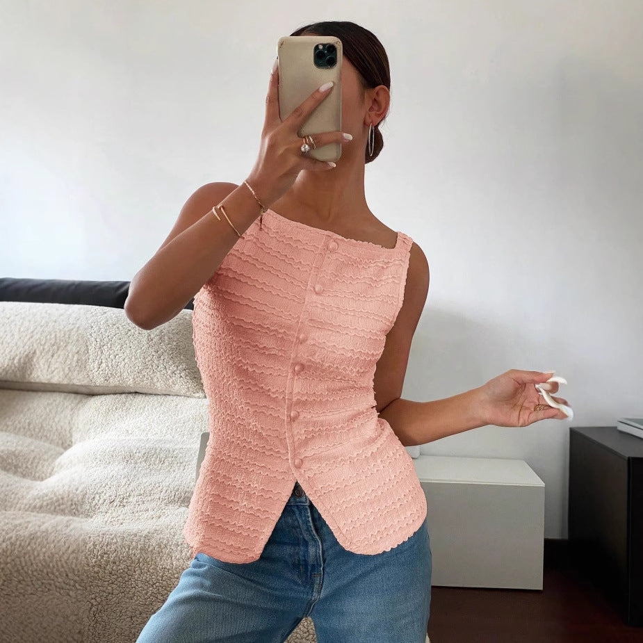 Elegant Single Breasted round Neck Sleeveless Slim Vest Solid Color Women Top