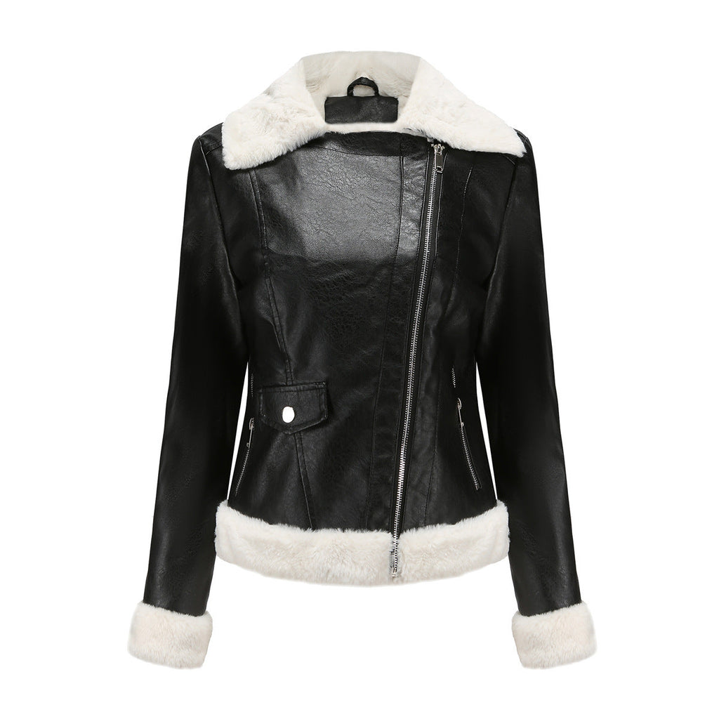 Herbst Winter Fleece Lederjacke Damen Europäische Größe Warme Langarm Umlegekragen Mantel Büro Freizeitjacke