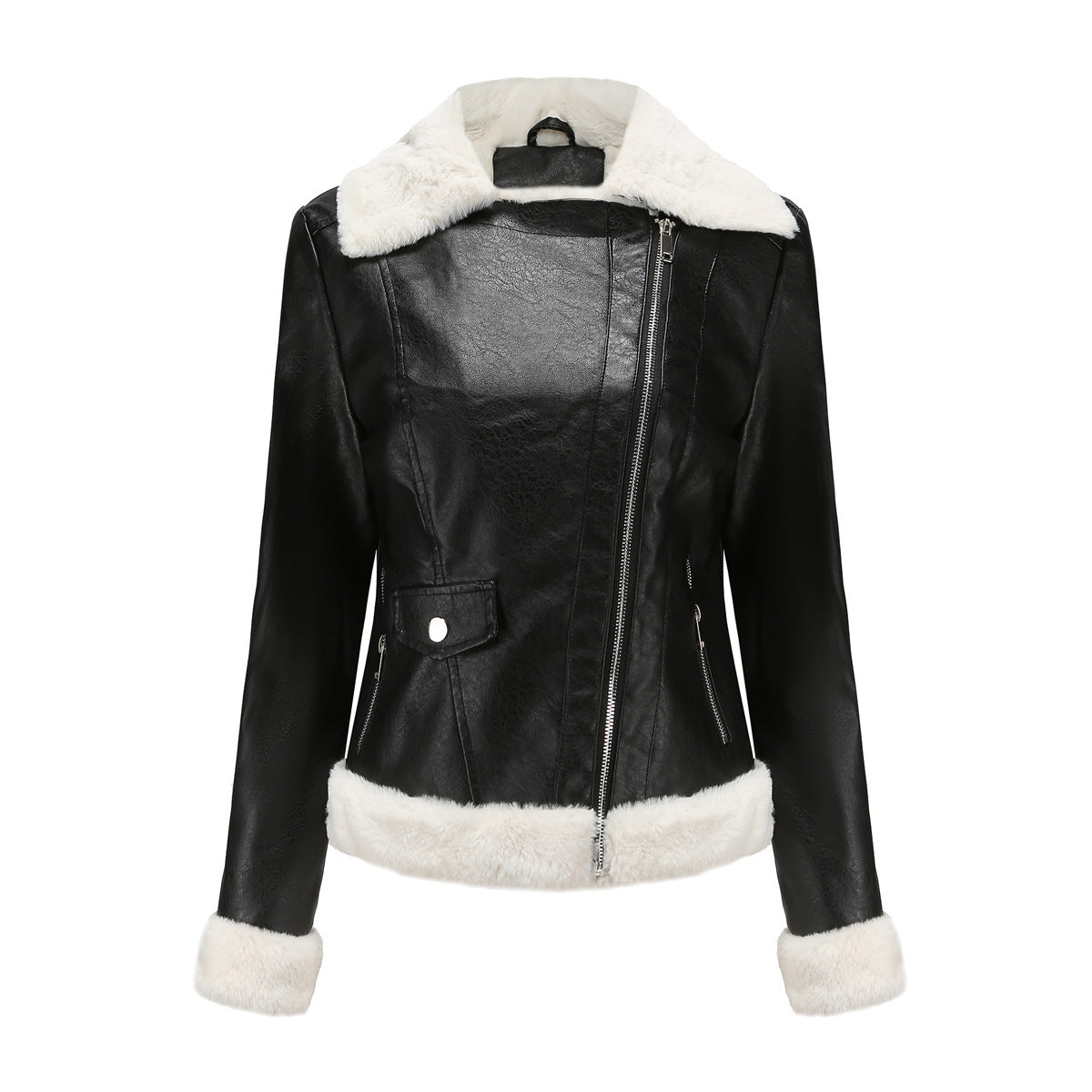 Herbst Winter Fleece Lederjacke Damen Europäische Größe Warme Langarm Umlegekragen Mantel Büro Freizeitjacke