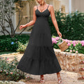 Four Sided Stretch V neck Strap Dress Sexy Printed Backless Lace up Tiered Ruffle Maxi Dress