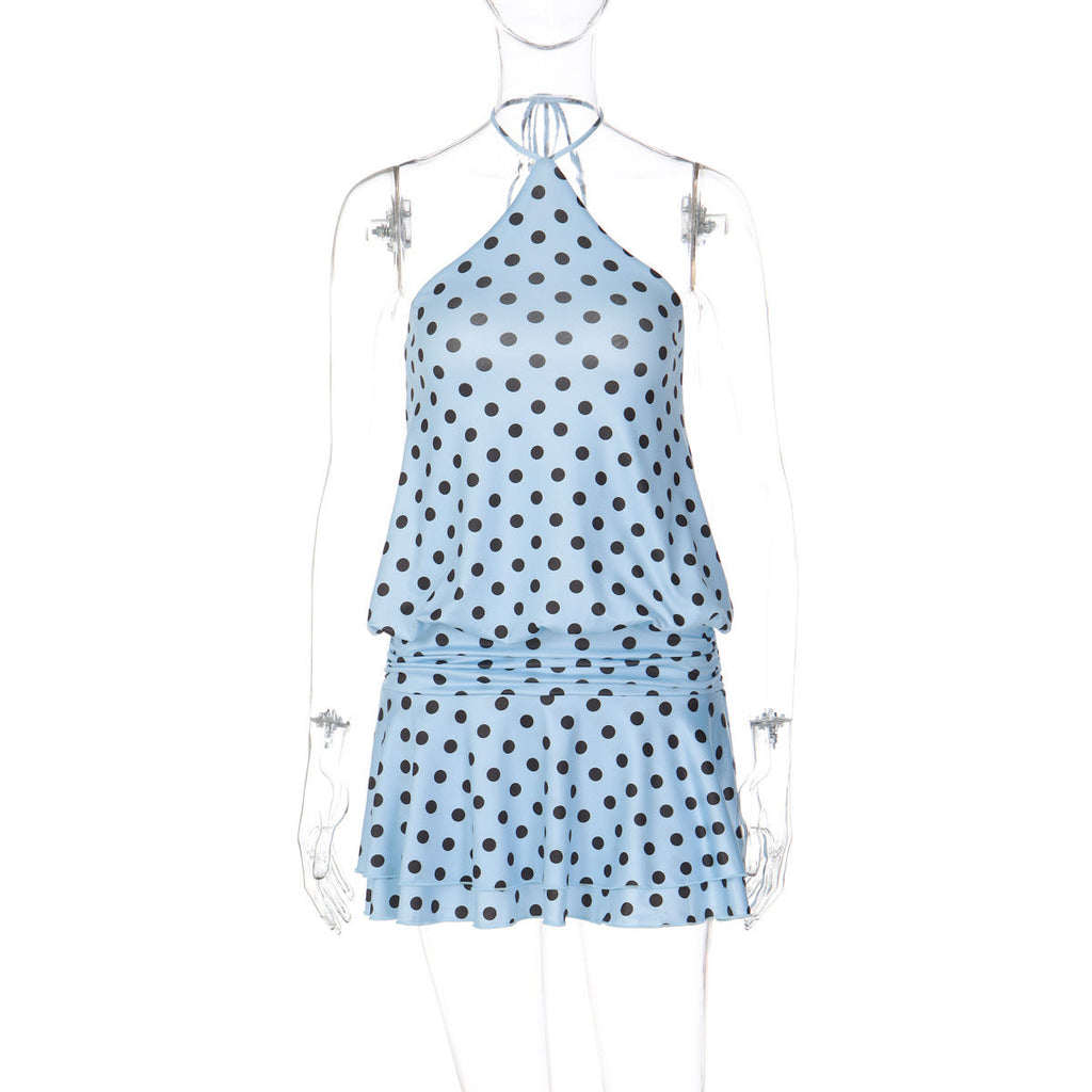 Summer Polka Dot Printed Sexy Backless Pleated Laminated Short Halter Dress