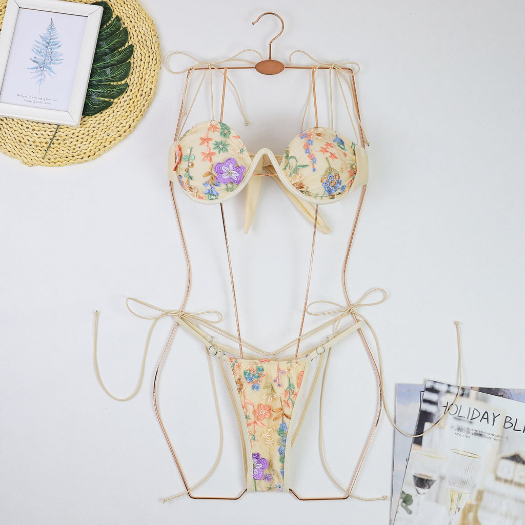 Stickerei Push-up Bikini Bademode Damen Sexy dünner Träger Dreipunkt-Stahlbügel-Split-Badeanzug