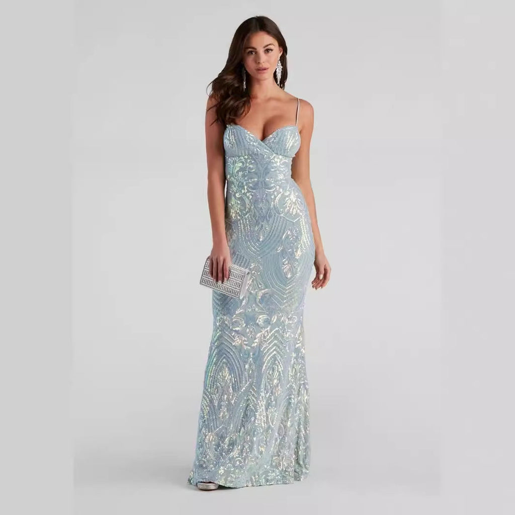 Sexy V-Ausschnitt Pailletten bodenlanges Abendkleid Elegant Anmutiges Cocktailparty Festliches Kleid Damenbekleidung
