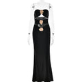 Sommer Damen Sexy Cutout-Kleid schulterfrei Metall Blumen Sexi Eng Anliegend Maxikleid