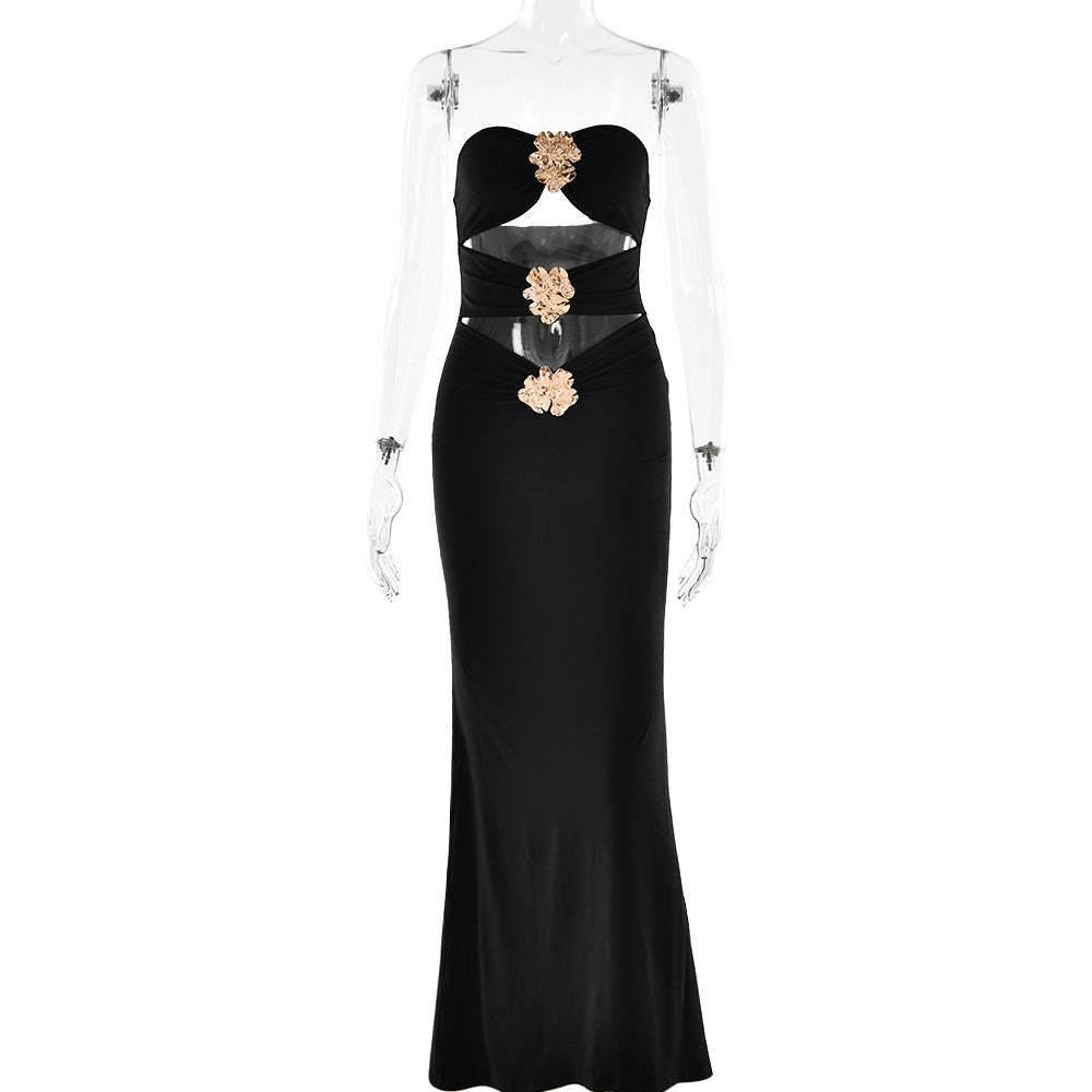 Sommer Damen Sexy Cutout-Kleid schulterfrei Metall Blumen Sexi Eng Anliegend Maxikleid