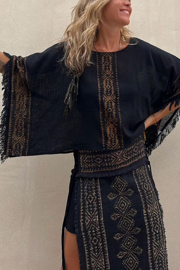 Spring Summer Tassel Batwing Sleeve Two Piece Set Loose Casual Print Women Set