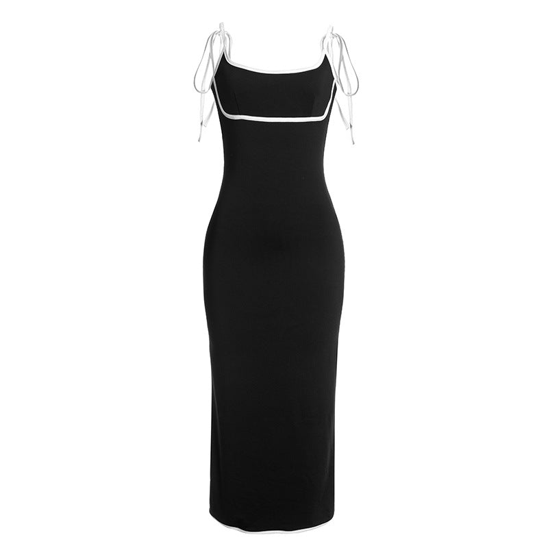 Sexy ärmelloses Sling-Kleid, schmale Passform, vielseitig kombinierbares Etui-Kleid, lang, Schwarz-Weiß, Kontrastfarben.