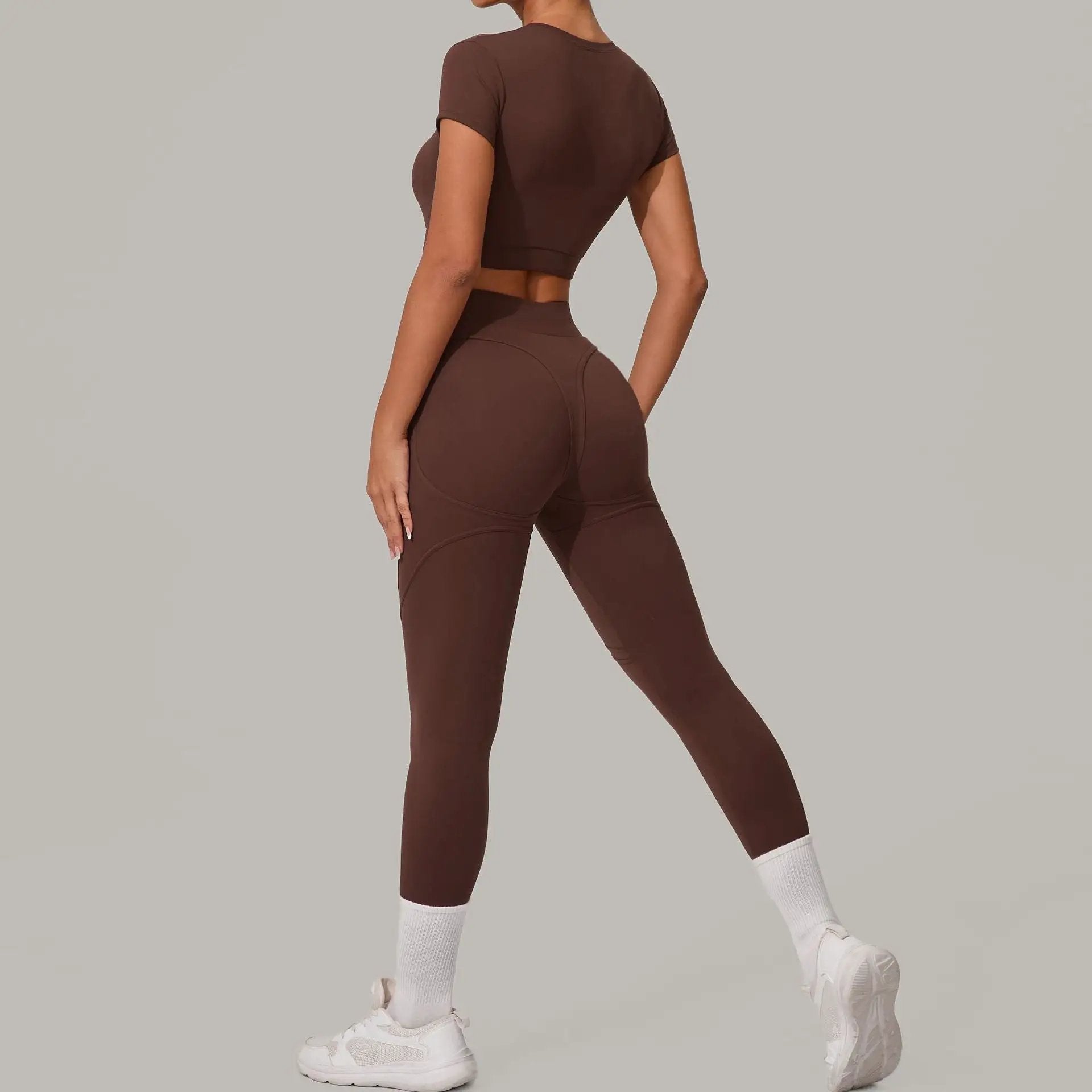 Autumn Sand Brushed Yoga Two Piece Sets Tight High Waist Hip Lifting Yoga Running Exercise Workout Outfit by Wanita Store