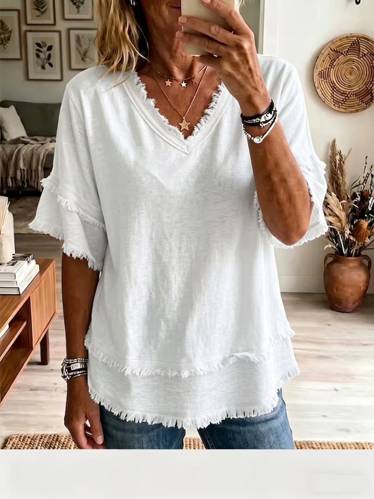 V neck Pullover Short Sleeve Loose Women Shirt Casual Women Tops