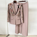 Heavy Industry Beads Three Dimensional Floral Jacket Coat Wide Leg Pants Two Piece Set