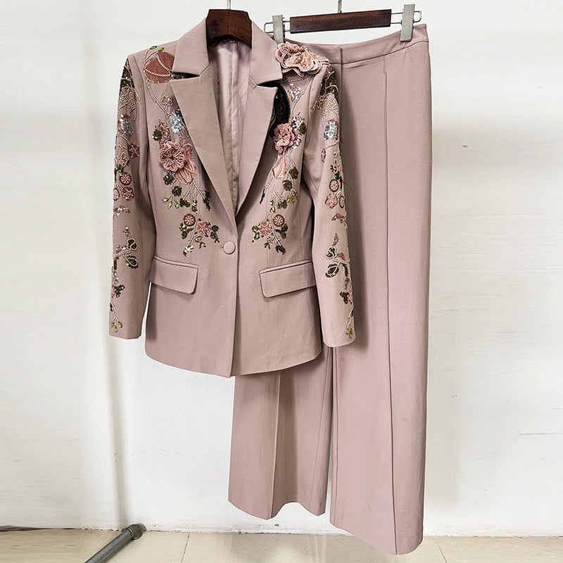 Heavy Industry Beads Three Dimensional Floral Jacket Coat Wide Leg Pants Two Piece Set