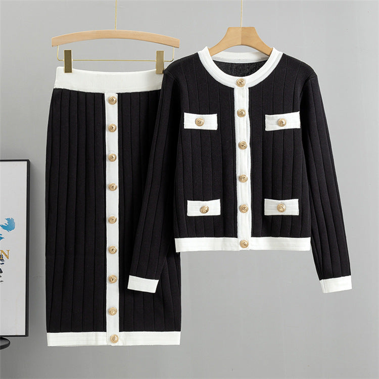 Hochwertiger Herbst Anzug Rock Französischer Gesellschaftsrock Gestrickter Cardigan Zweiteiliges Set Kleid Damen Frühling Herbst
