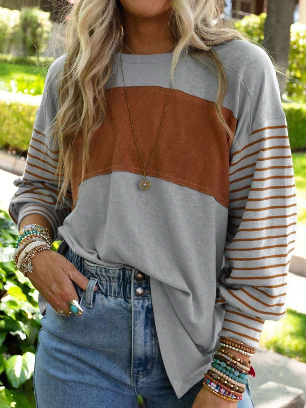 Women Clothing Spring Autumn Pullover Crew Neck Casual Striped Color Contrast Long Sleeve T Shirt Women