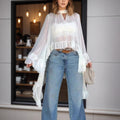 Summer Women Sexy Hanging Collar See through Cloak Shirt Ruffled Long Sleeve Smock Top Women