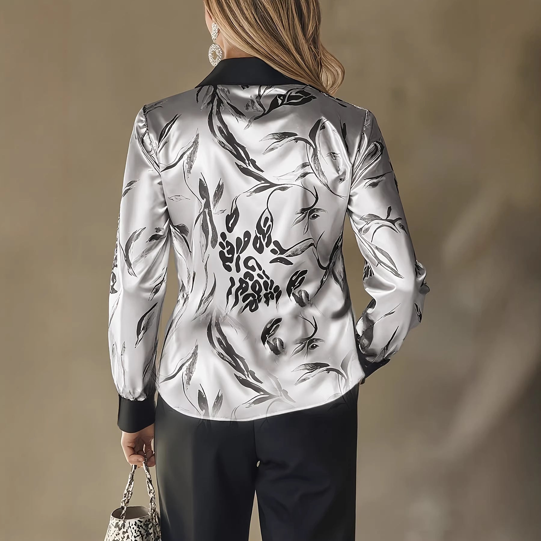 Women Clothing Spring Summer Satin Printing Long Sleeve Shirt Top