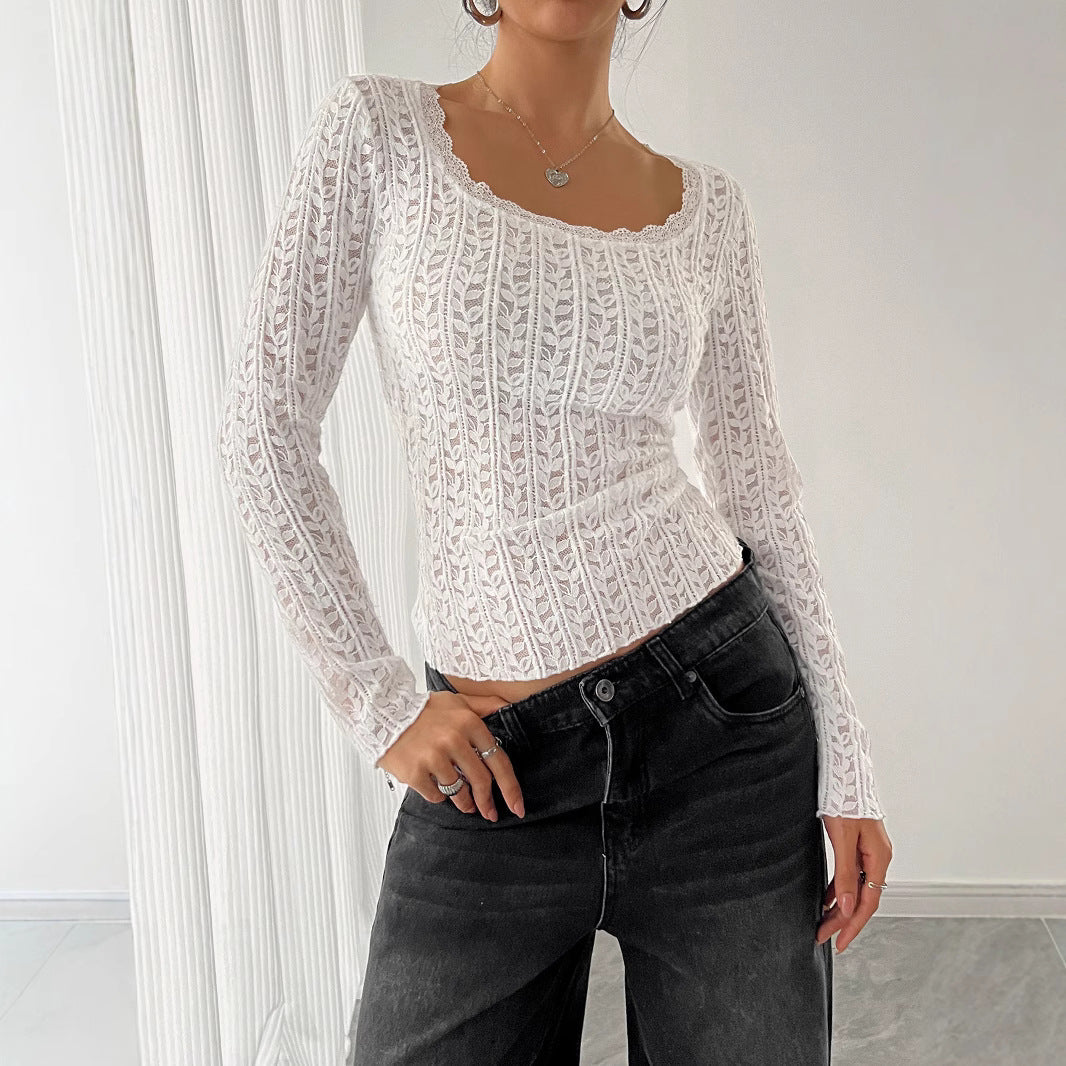 Women Spring Women U Neck Long Sleeved Lace Lace Lace Slim Top