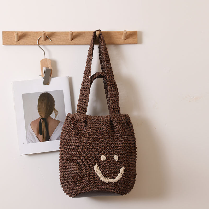 Casual Smiley Face One Shoulder Cotton Thread Woven Bag Fresh Portable Office Straw Bag Seaside Vacation Beach Bag