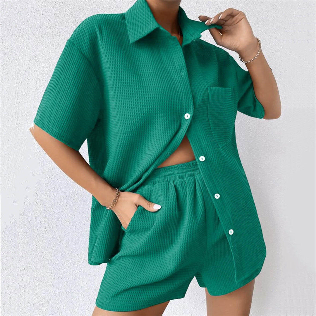 Sommer Anzug Damen Loose Casual Kurzarm Shirt Elastische Taille Shorts Zweiteiliges Set Damen