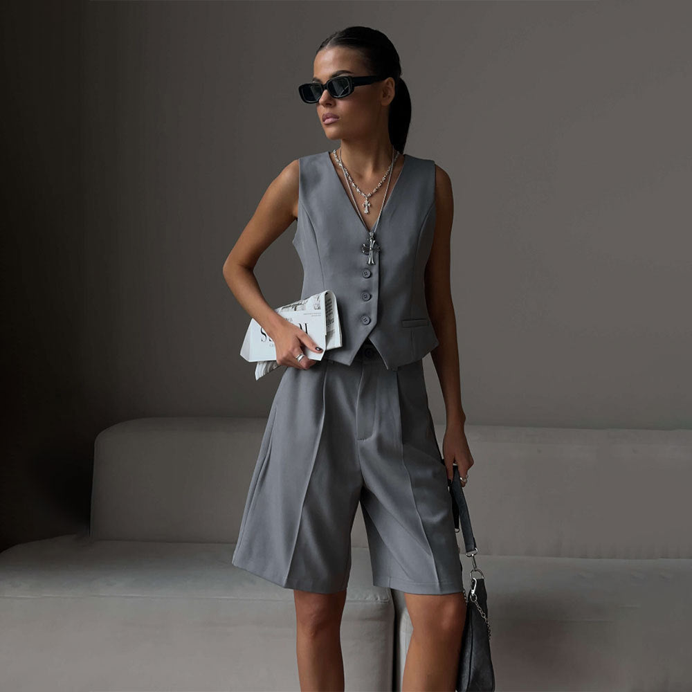 Westenjacke Frühling Sommer V-Ausschnitt Einreihige Weste Gerades Shorts-Set
