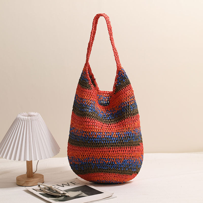 Farbige Schulterstrohtasche, lässige Korbtasche mit großem Fassungsvermögen für den Urlaub am Meer, Strandtasche, vielseitige Strohtasche