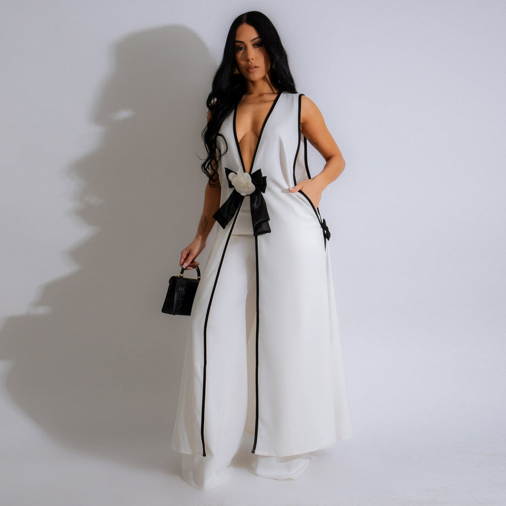 Damen sexy Camellia Schleife ärmellose lange Weste weite Hosen Set