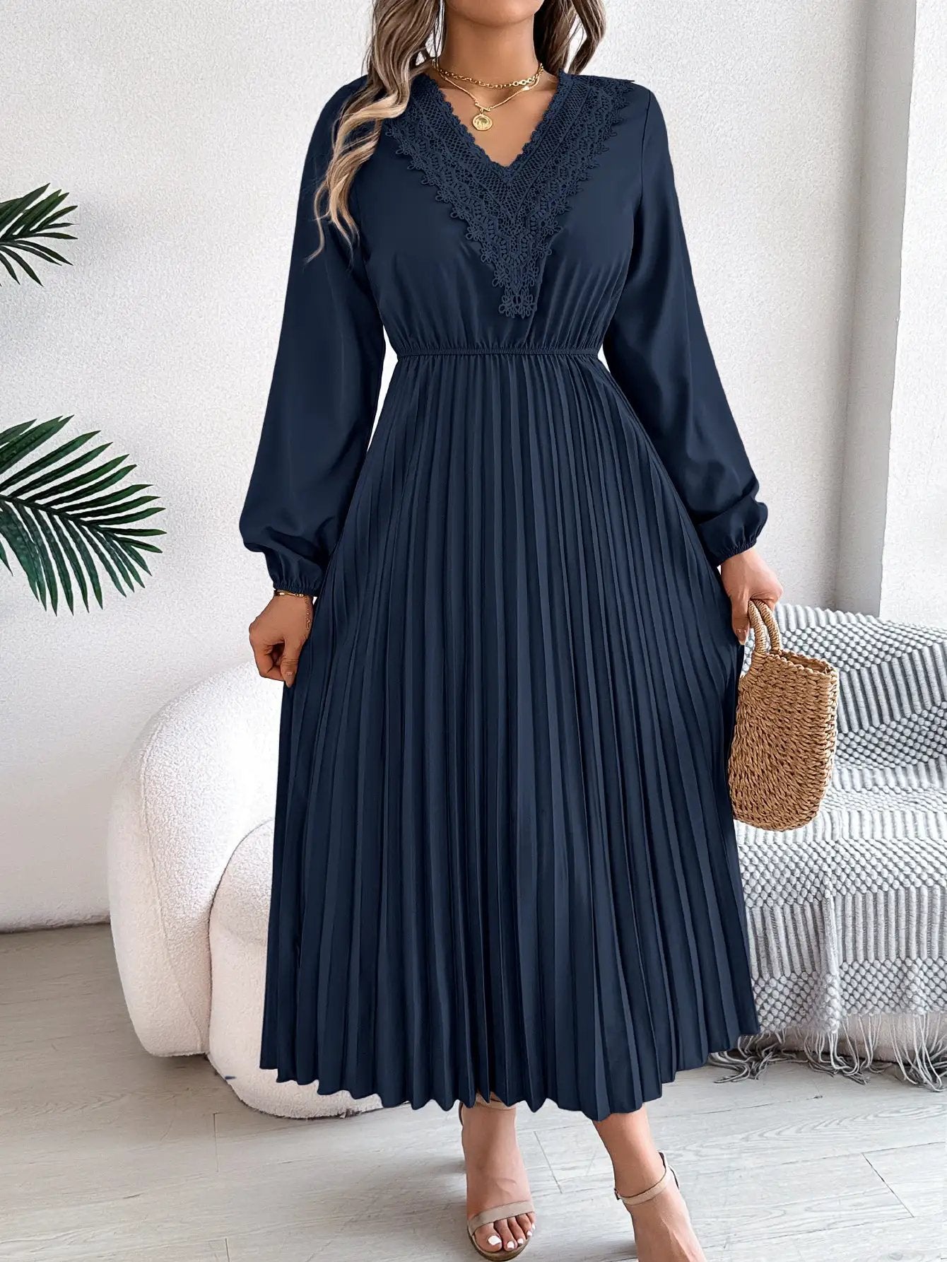 Spring Summer Elegant V neck Lace Cinched Pleated Maxi Dress Women Clothing by Wanita Store