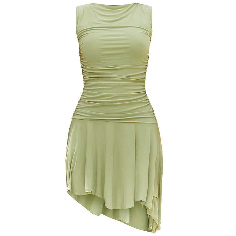 Round Neck Pullover Sleeveless Slim Fit Pleating Short Irregular Asymmetric Solid Color Dress