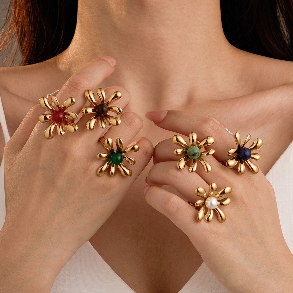 Irregular Asymmetric Petals Trendy Stainless Steel Open Ring Light Luxury High Sense Ring Women