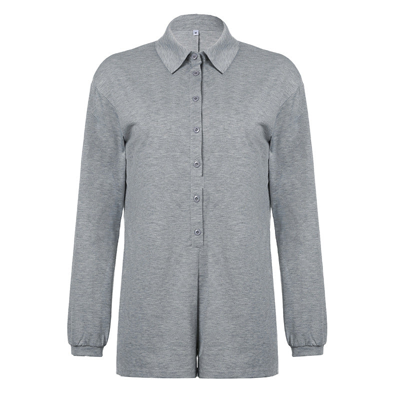 Lässiger lockerer Jumpsuit mit Knopfleiste, einfarbig, schlicht, Kragen, Basic-Oberbekleidung, Street-Jumpsuit mit langen Ärmeln für Damen